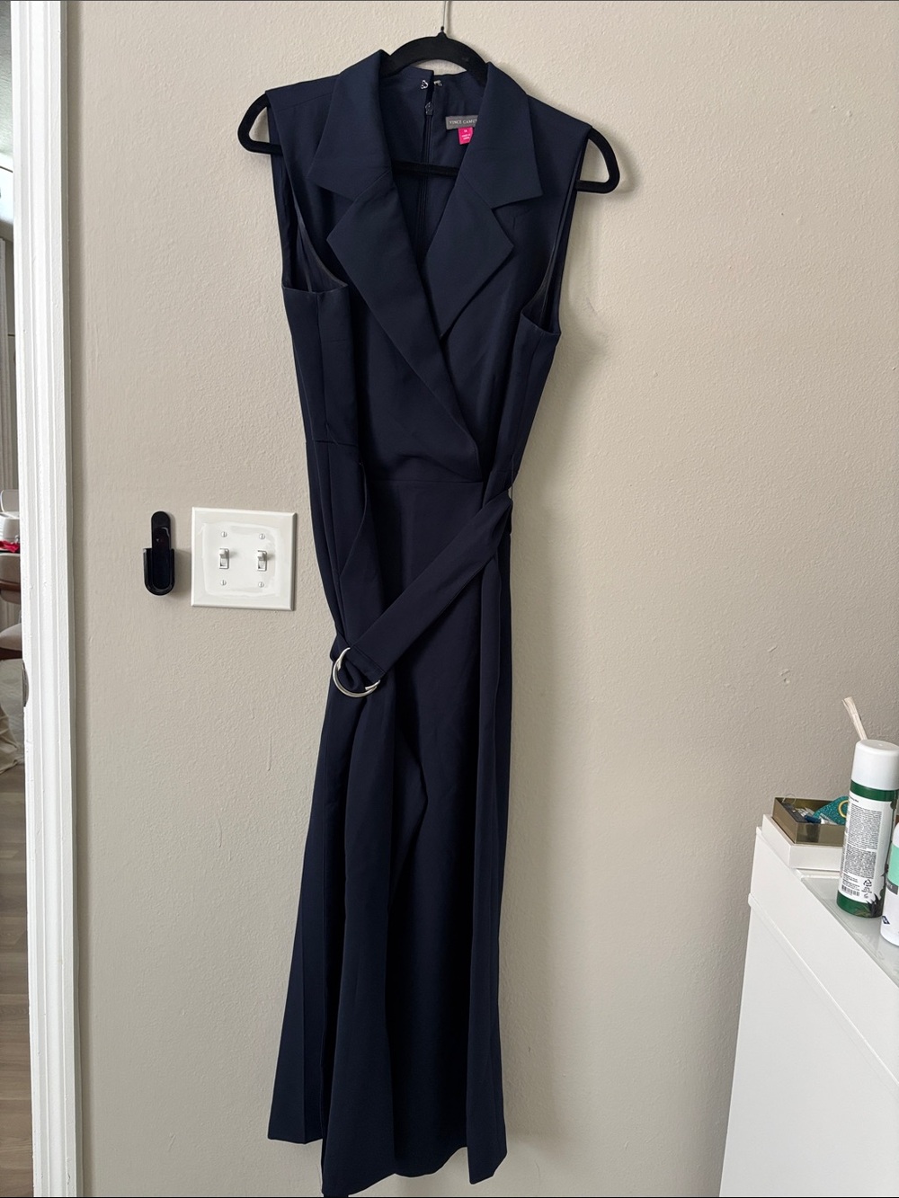 Vince Camuto Sleeveless Navy Wrap Pant Suit with D-Ring Belt